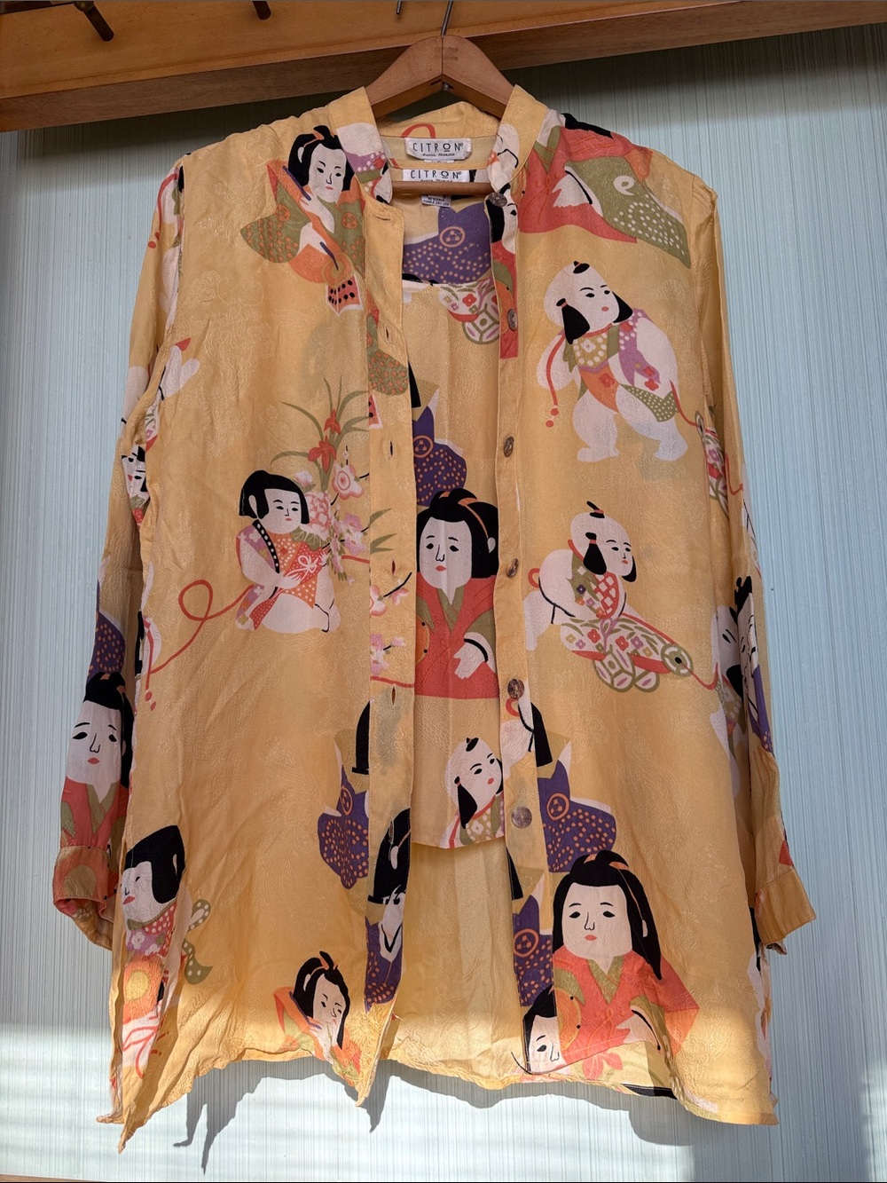 VTG Citron 100% Silk Yellow Tank Top & Tunic  Set w/ Vibrant Asian Doll Print